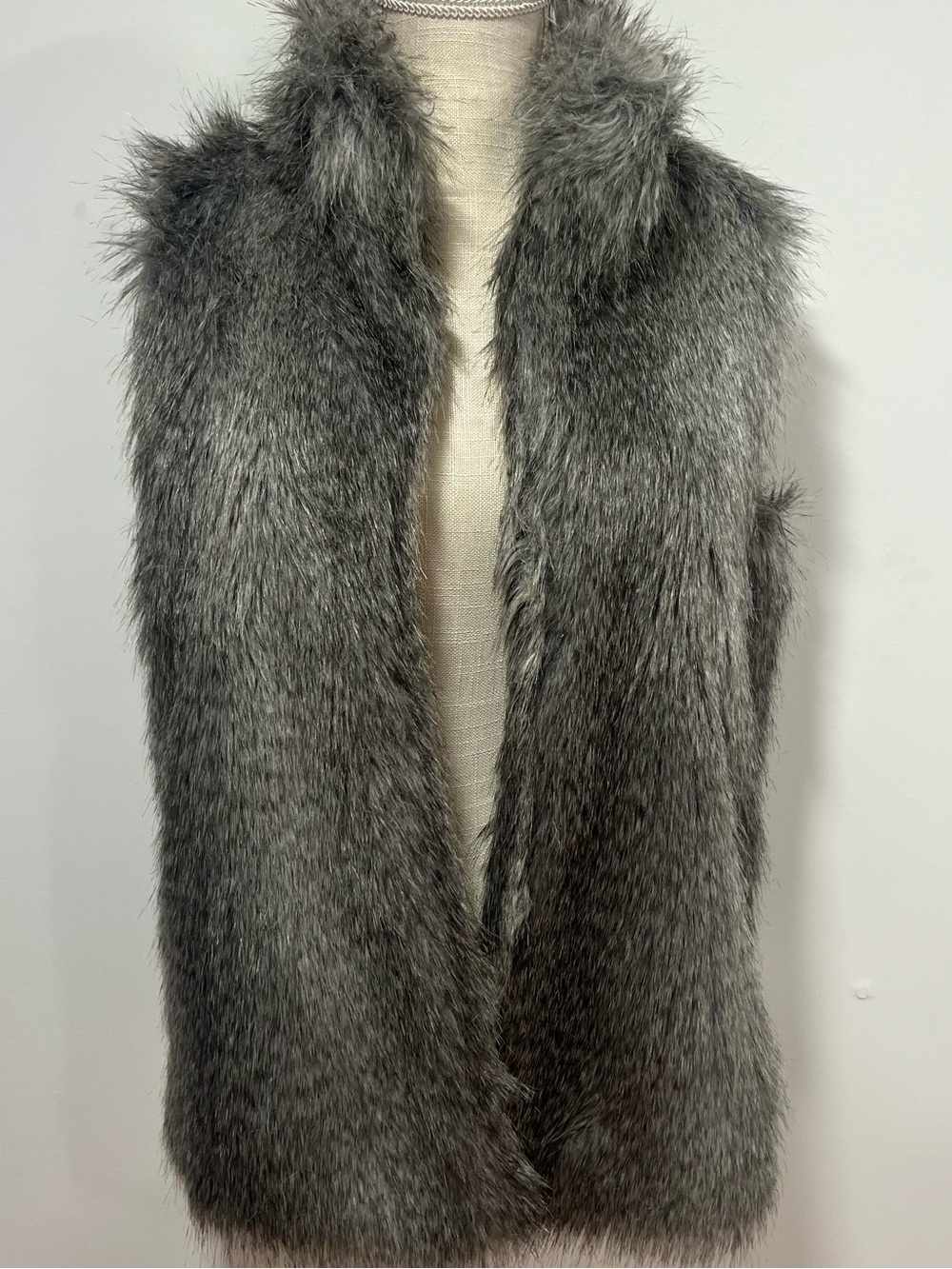Calvin Klein Gray Faux Fur Vest with Satin Textured Inside